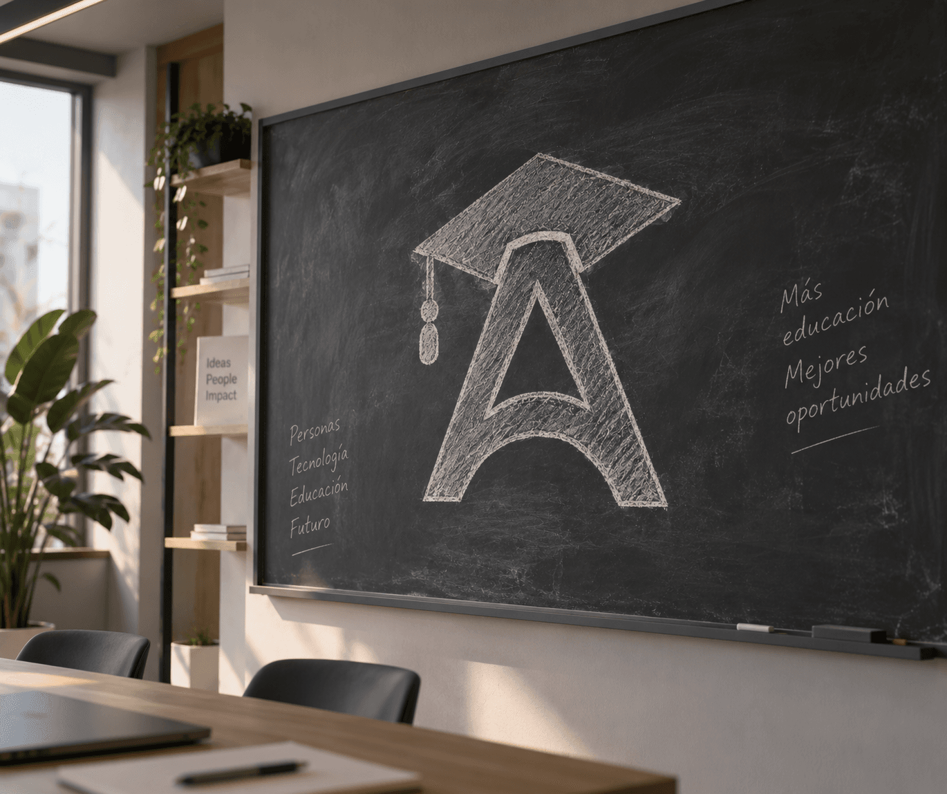 Pizarra de un aula con el logotipo de AcadeSmart dibujado con tiza.